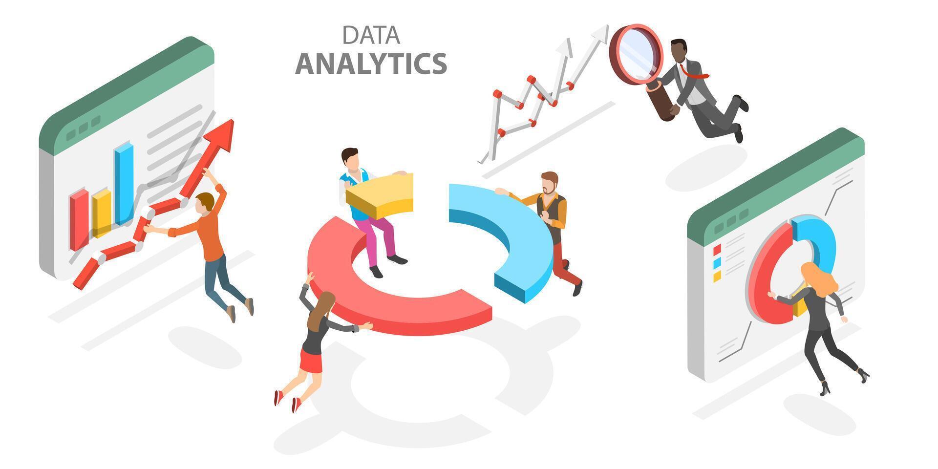 3D Isometric Flat Concept of Business Statistics and Analytics. vector