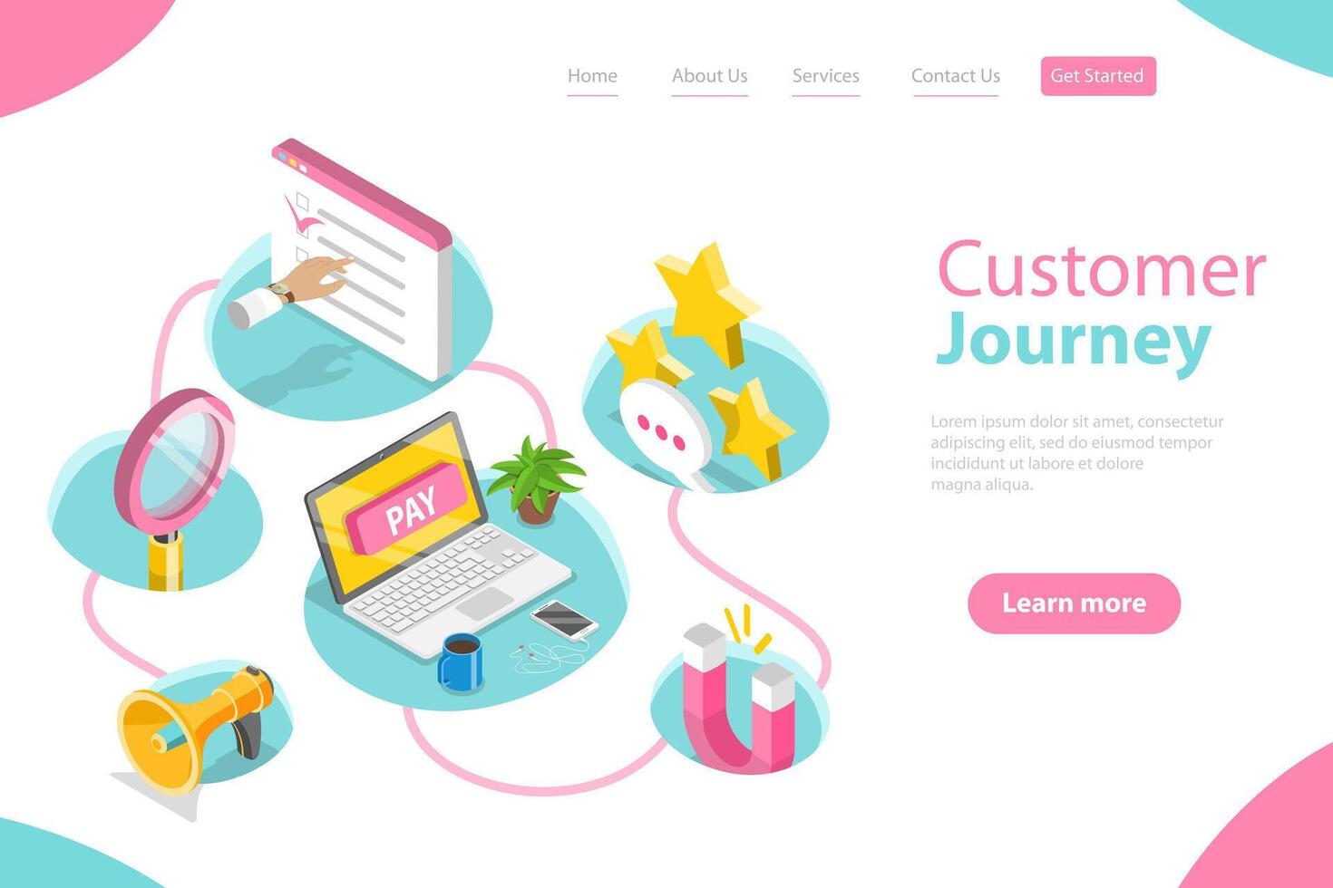 Isometric Flat Landing Page Template of Customer Journey Map. vector