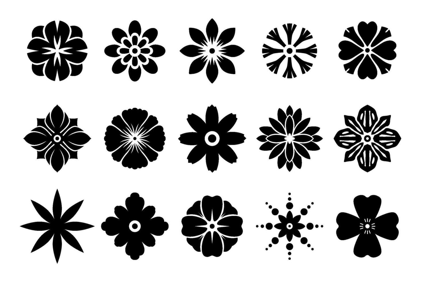 Set of black floral patterns isolated. Collection of flowers for design and print. Decorative elements for ornaments. vector