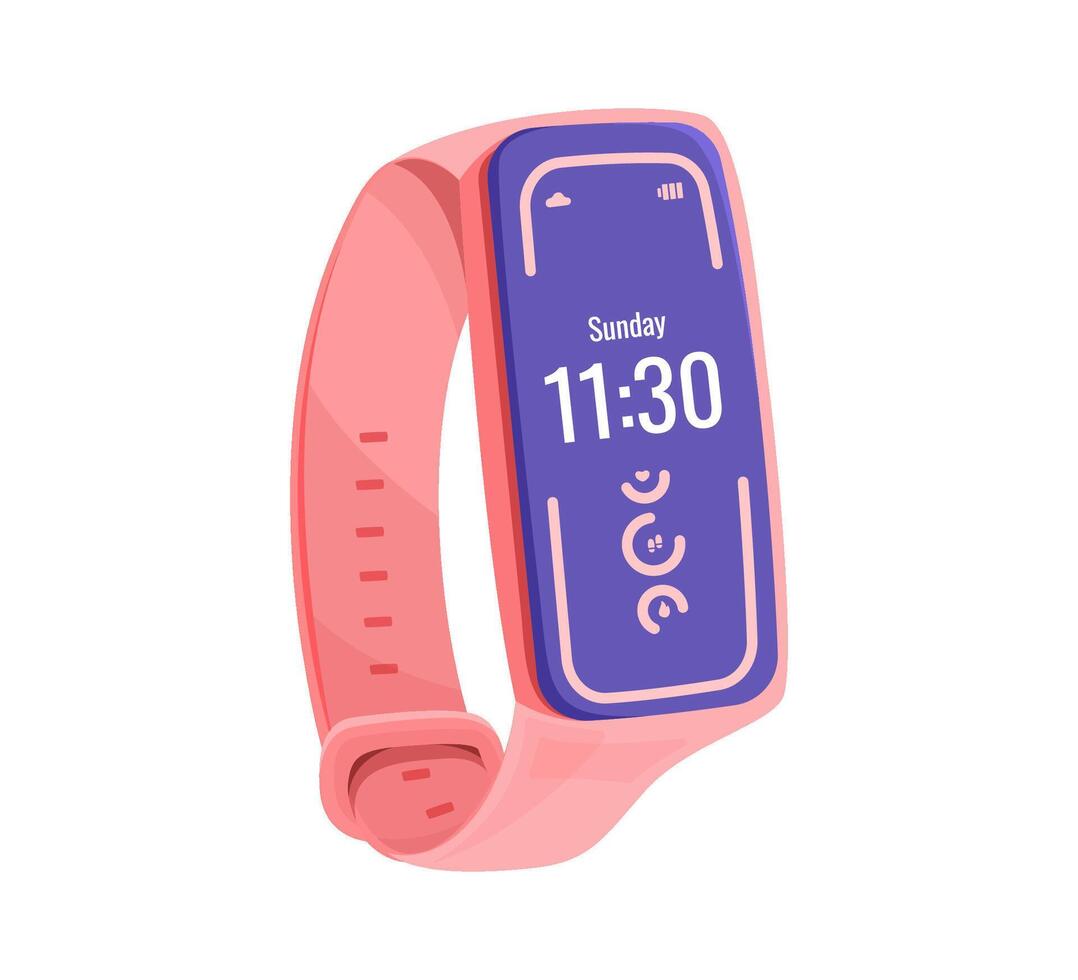 Digital fitness tracker with time and date display on a pink strap. Illustration of wearable technology. Health monitoring and fitness concept. vector
