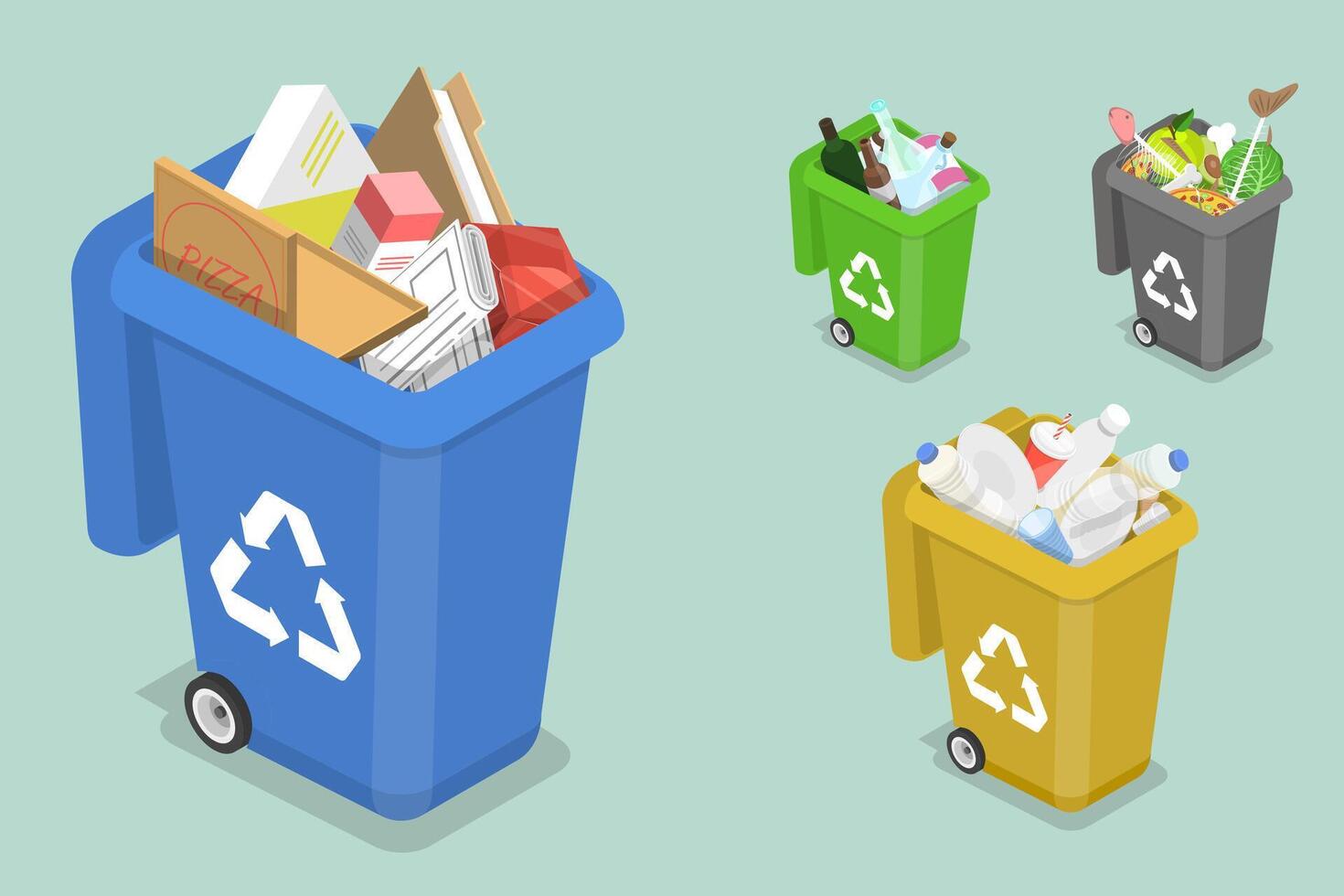 3D Isometric Flat Concept of Sorting Waste for Recycling. vector