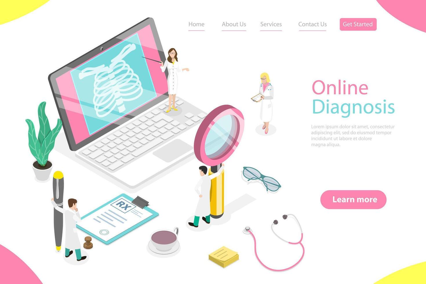 Isometric flat landing page template of online diagnosis. vector