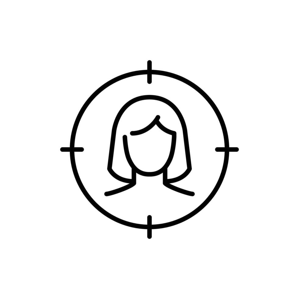 Female user target icon. Simple outline style. Woman, user target, approach, person, centric, graphic, people, business concept. Thin line symbol. isolated. vector