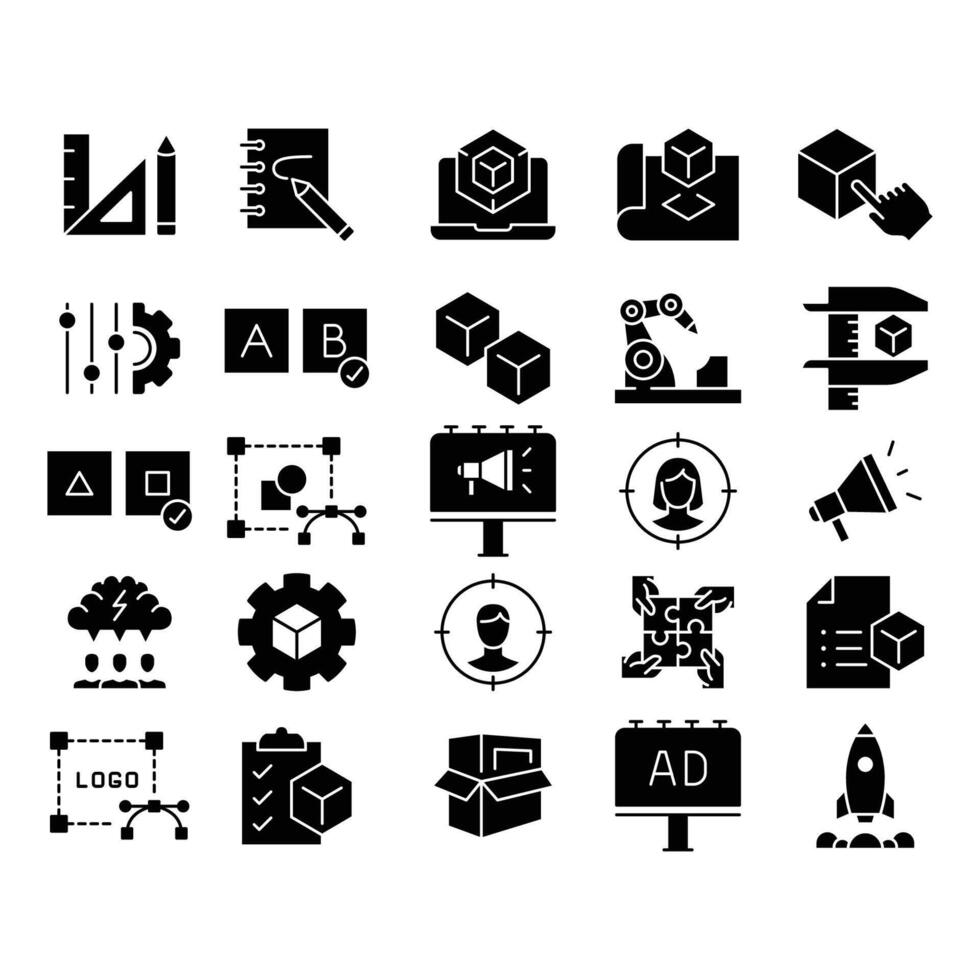 New product development icon set. Simple solid style. Product design, industry, team, accuracy, focus, billboard, business concept. Black silhouette, glyph symbol. isolated. vector