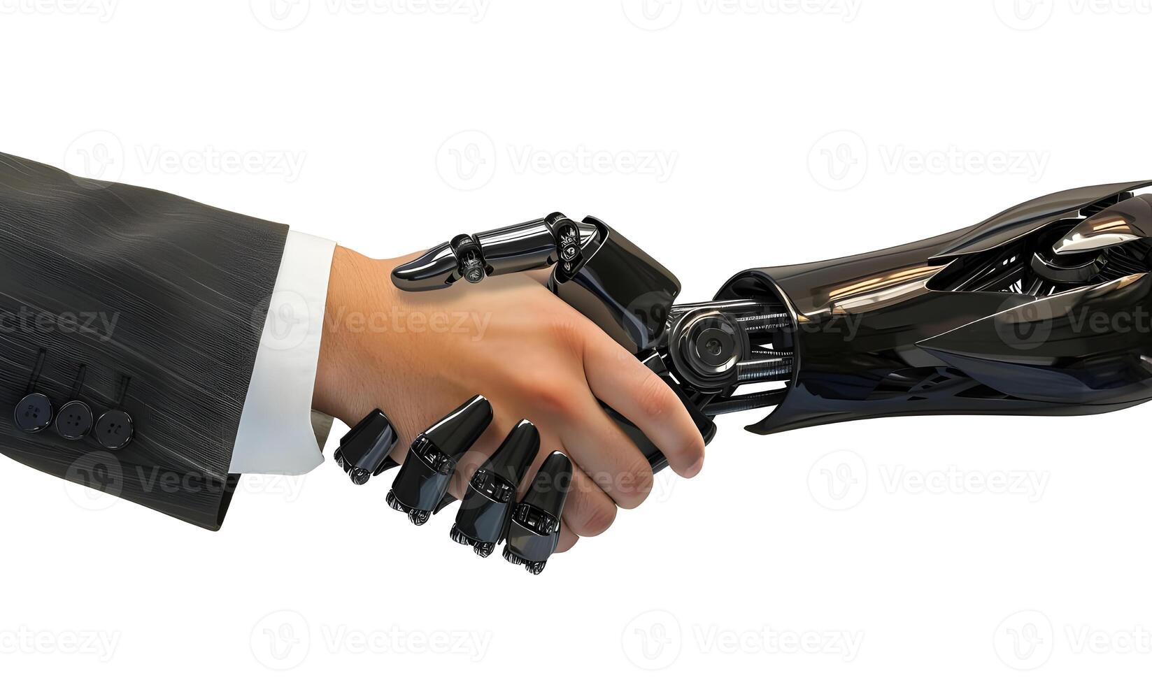 Human hand and robot hand are doing a handshake. Robot and man hands in handshake. photo