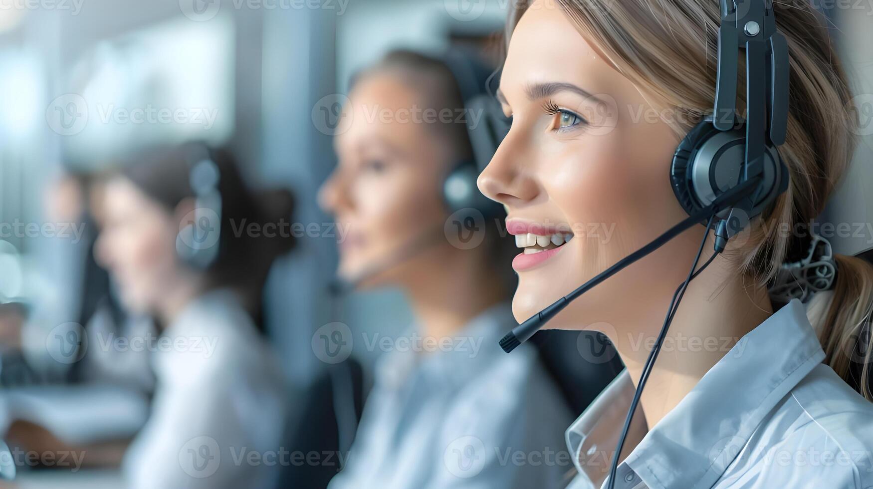 Diverse team of young professionals is working in the phone support office. Attractive female customer service agent with headset working in call center. photo