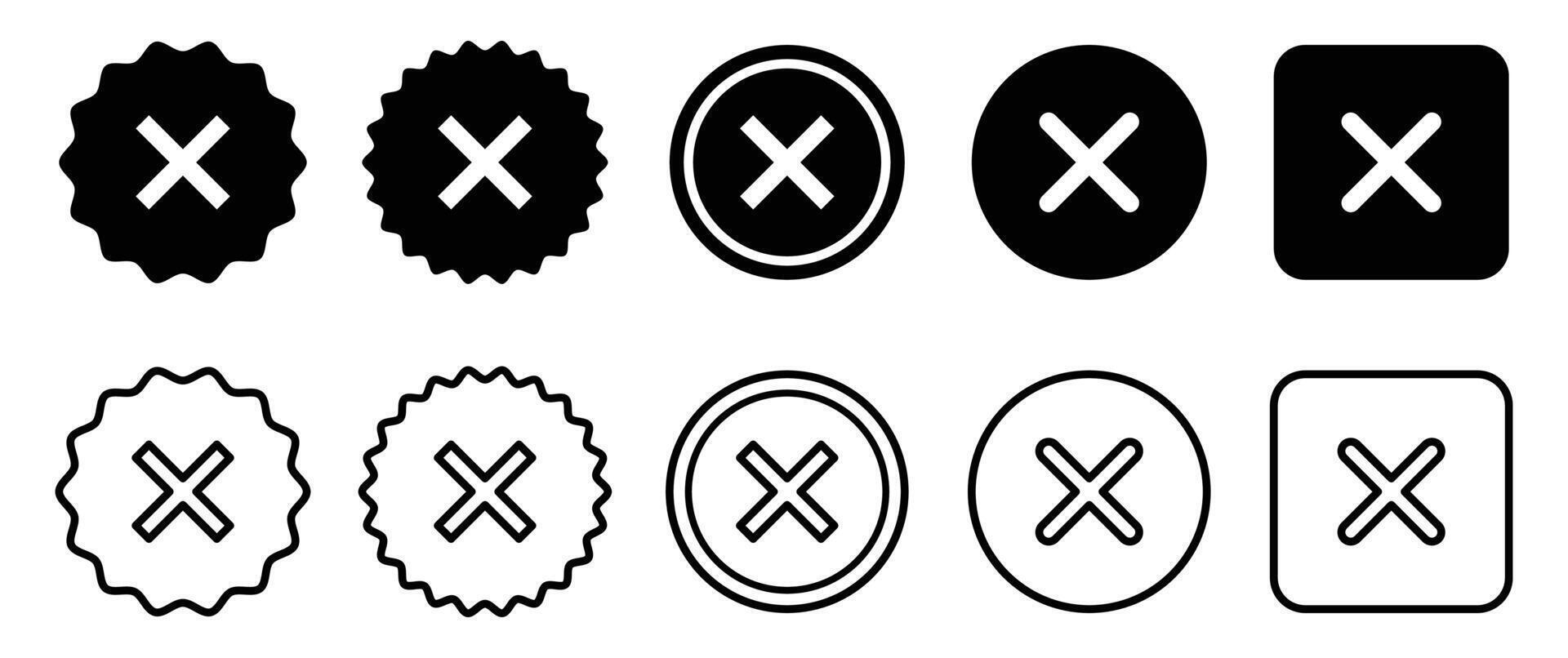 Set of error x mark. Line and glyph wrong cross mark. vector