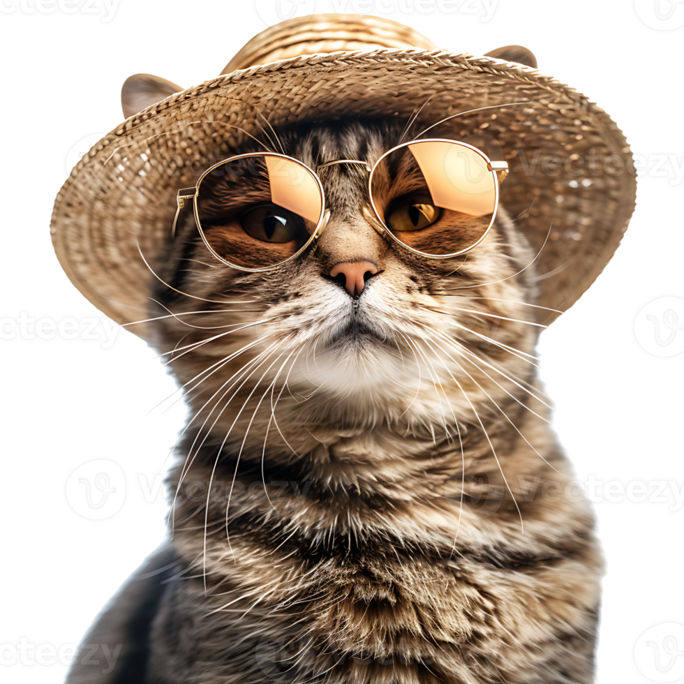 Happy Cat wearing summer glasses and hat on isolated transparent background png