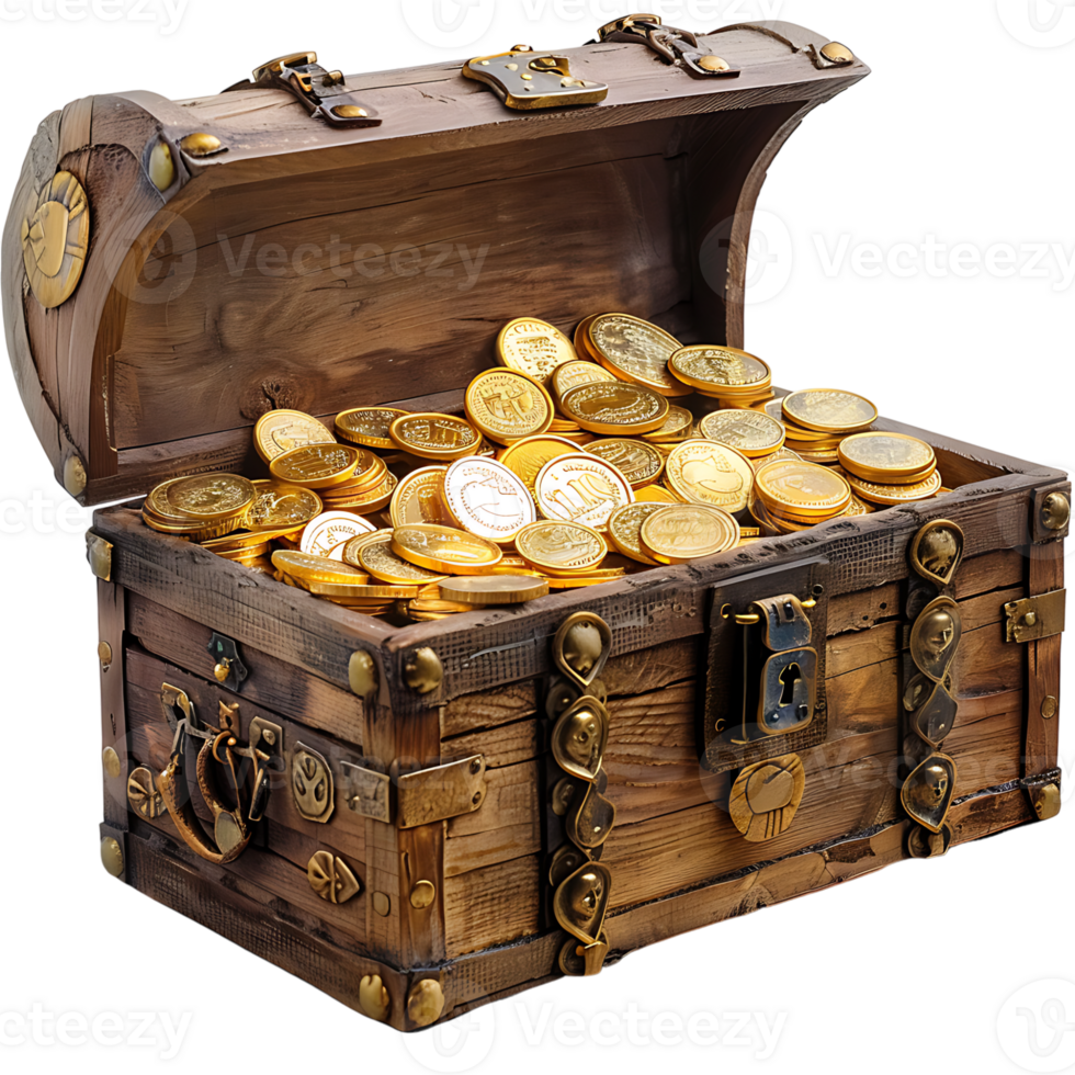 Treasure chest full of gold coins on isolated transparent background png