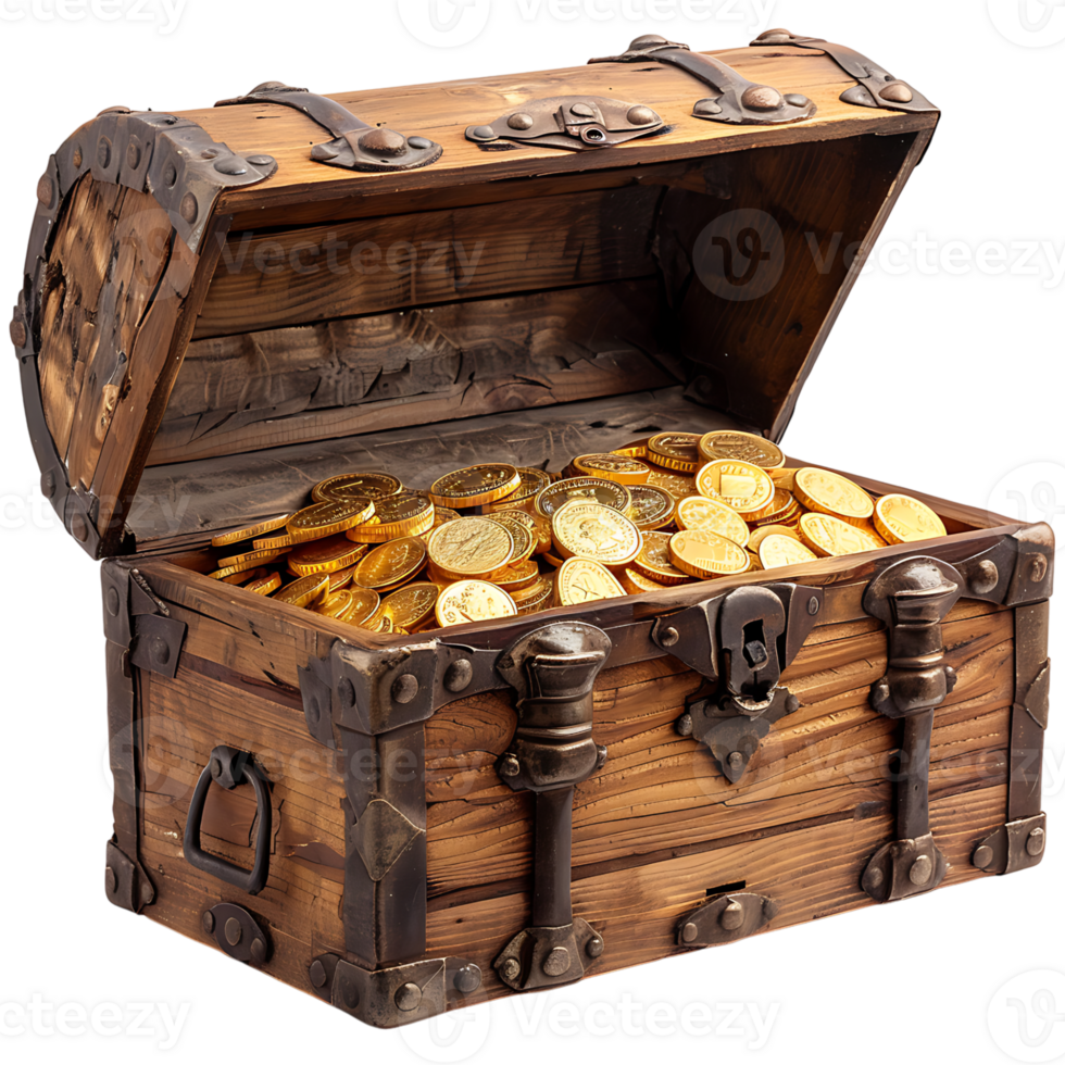 Treasure chest full of gold coins on isolated transparent background png