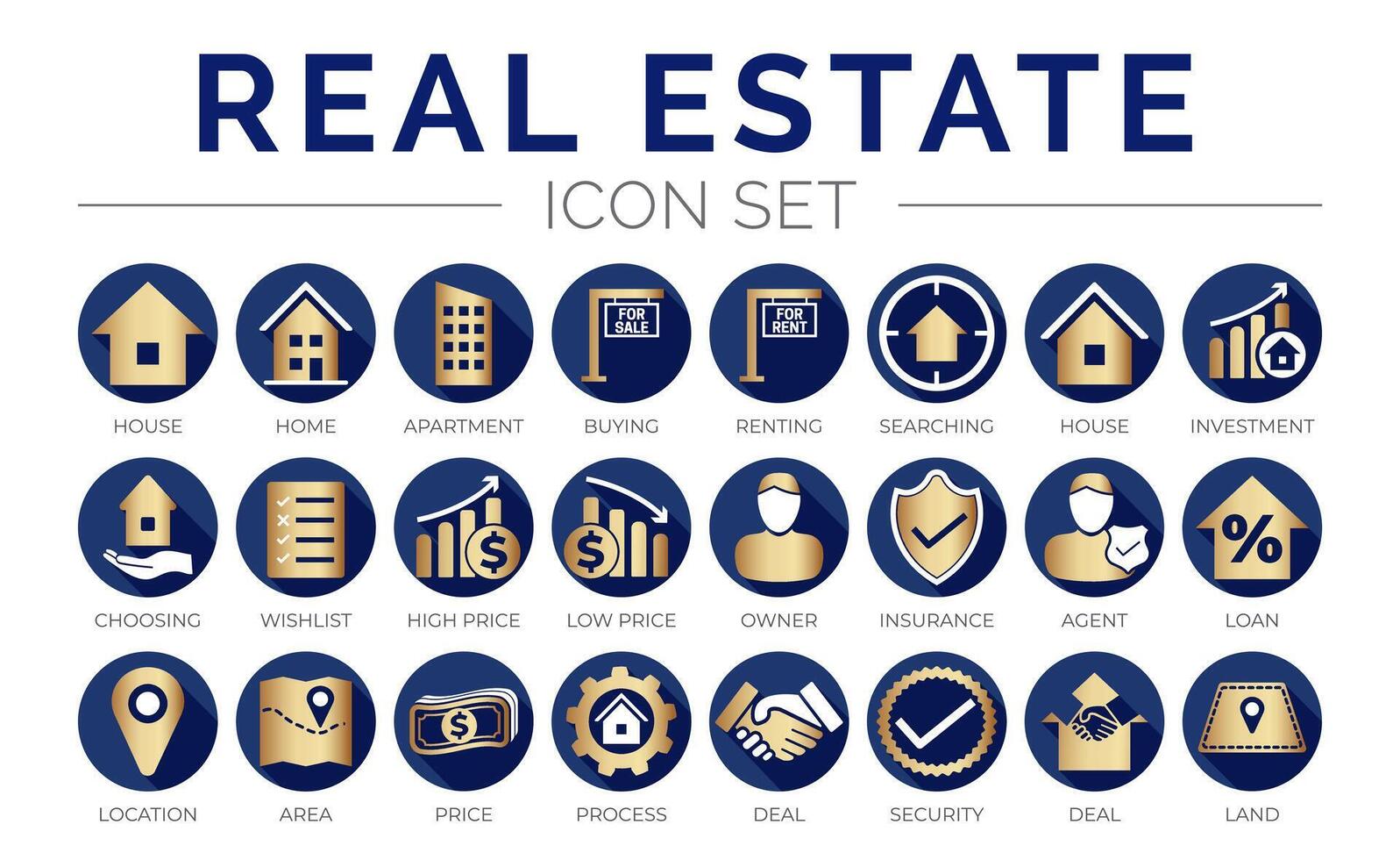 Gold Blue Real Estate Round Icon Set of Home, House, Investment, Choosing, Wishlist, Low High Price, Owner, Insurance, Agent, Loan, Location, Are, Price, Process, Deal, Land, Security, Icons. vector