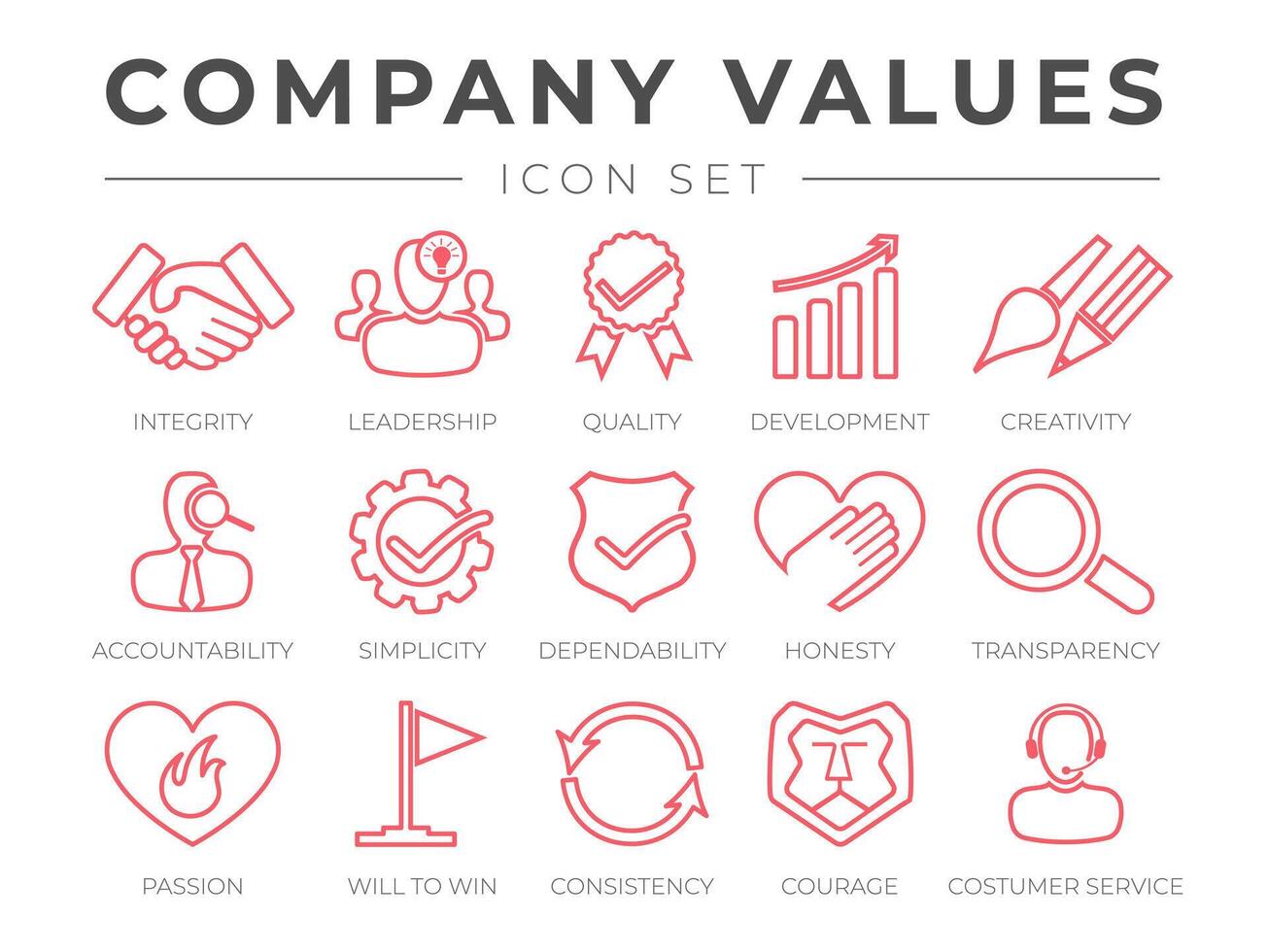 Company Core Values Outline Icon Set. Integrity, Leadership, Quality and Development, Creativity, Accountability, Simplicity, Dependability, Honesty, Transparency, Passion, Will to win, Icons. vector