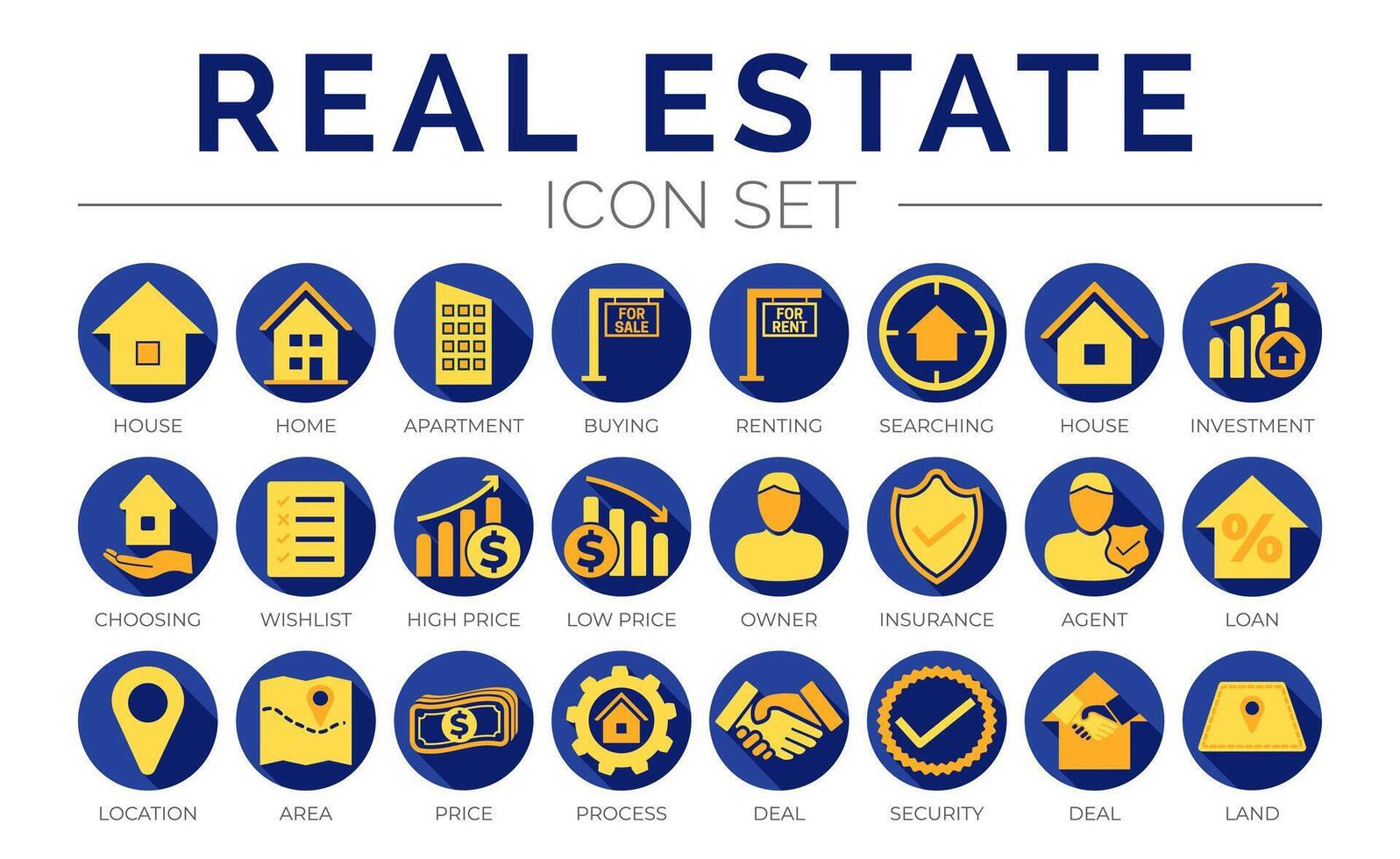 Blue Yellow Real Estate Round Icon Set of Home, Owner, Insurance, Agent, Loan, Location, Are, Price, Process, Deal, Land, Security, Icons. vector