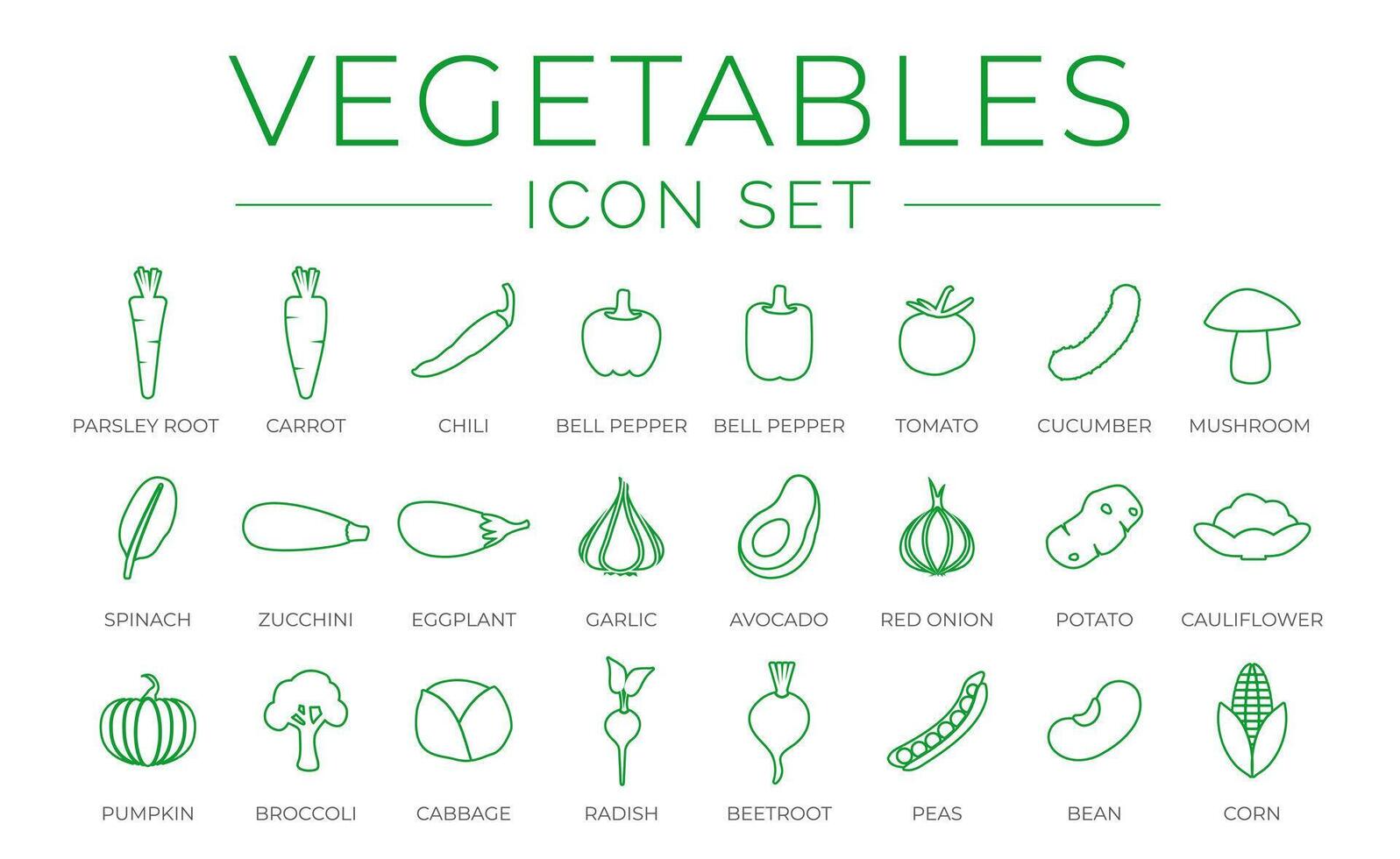 Outline Vegetables Icon Set of Tomato, Cucumber, Mushroom, Spinach, Eggplant, Garlic, Onion, Potato, Tomato, Avocado, Cauliflower, Pumpkin, Broccoli, Cabbage, Radish, Beetroot, Peas, Bean, Corn Icons vector