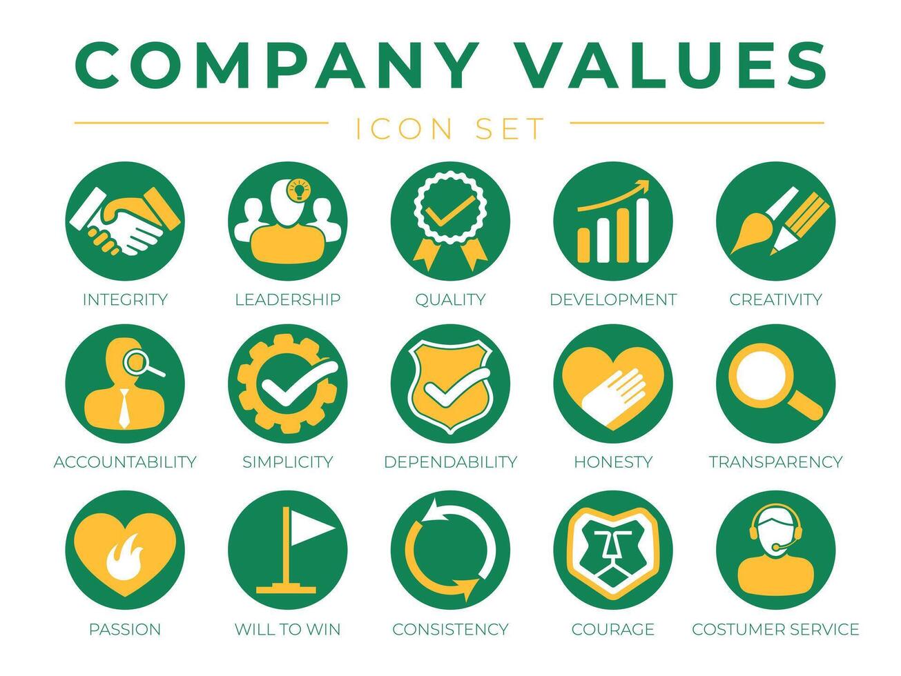 Company Core Values Round Web Icon Set. Integrity, Development, Accountability, Simplicity, Dependability, Honesty, Transparency, Passion, Will to win, Consistency, Courage and Customer Service Icons. vector