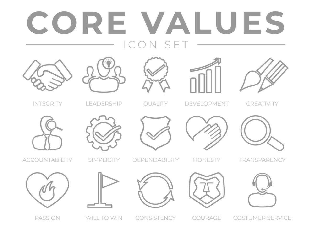 Company Core Values Outline Web Icon Set. Integrity, Leadership, Quality and Development, Creativity, Accountability, Simplicity, Dependability, Honesty, Win, Courage and Customer Service Icons. vector