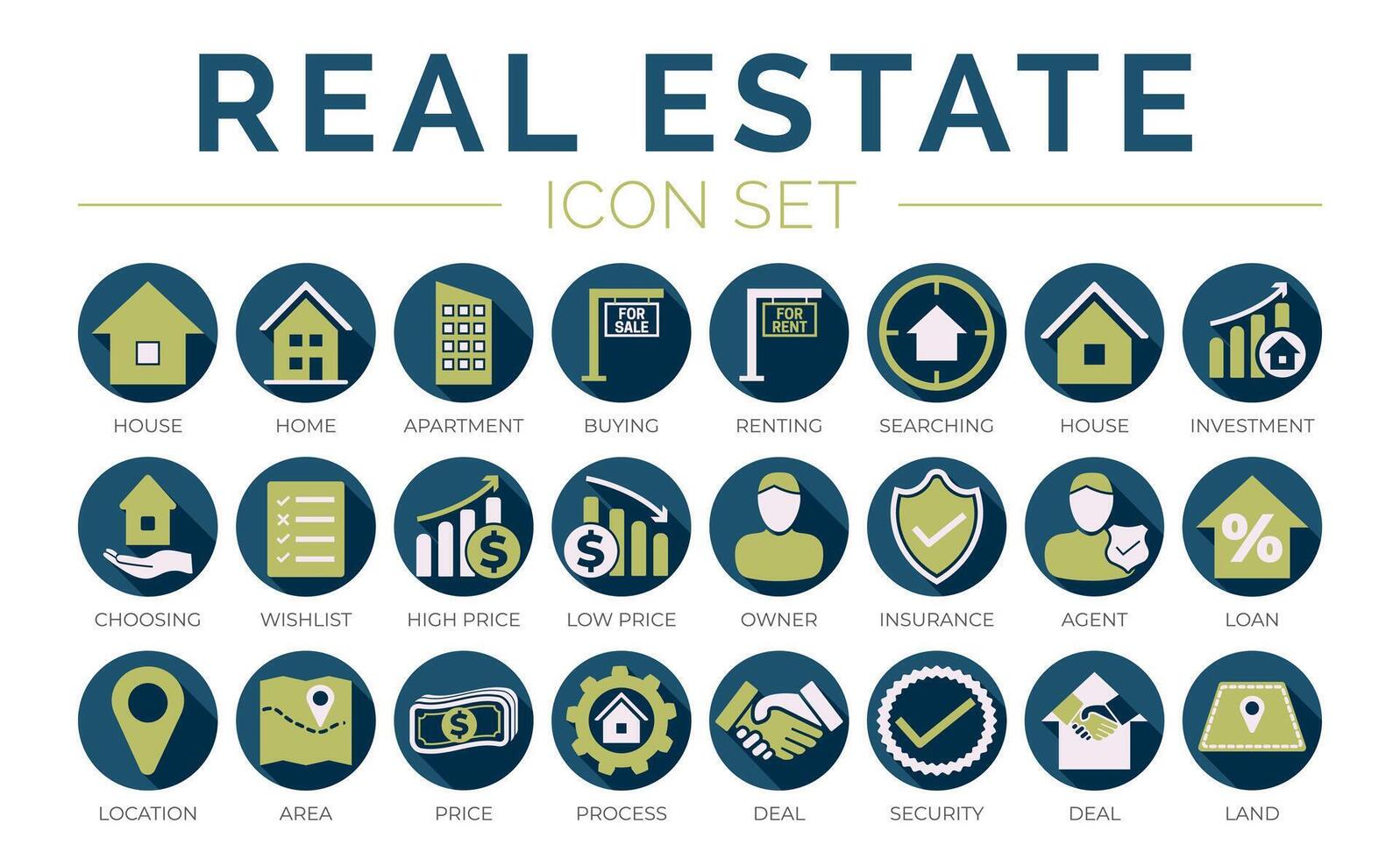 Blue Green Real Estate Round Icon Set of Home, Owner, Insurance, Agent, Loan, Location, Are, Price, Process, Deal, Land, Security, Icons. vector