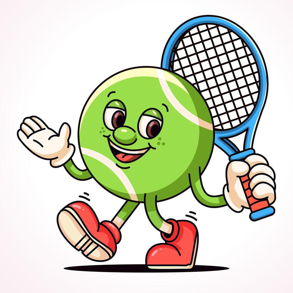 Tennis ball holding tennis racket, cartoon mascot vector