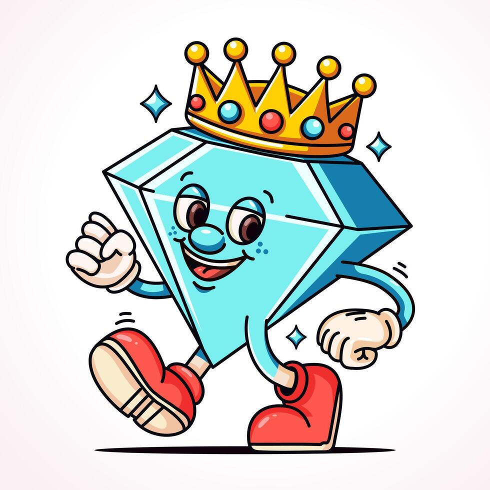 Diamond with crown on head, cartoon mascot vector