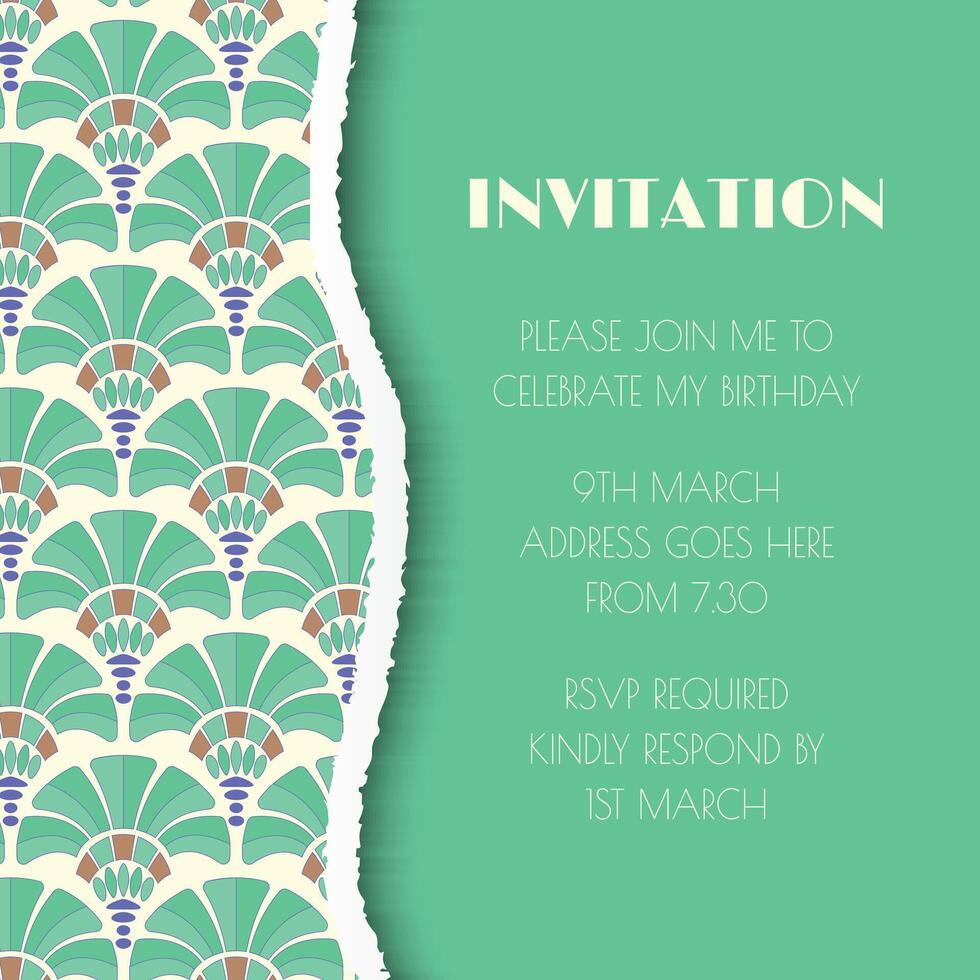 Art Deco Great Gatsby Style Invitation Design in Green with Fan Ornaments vector