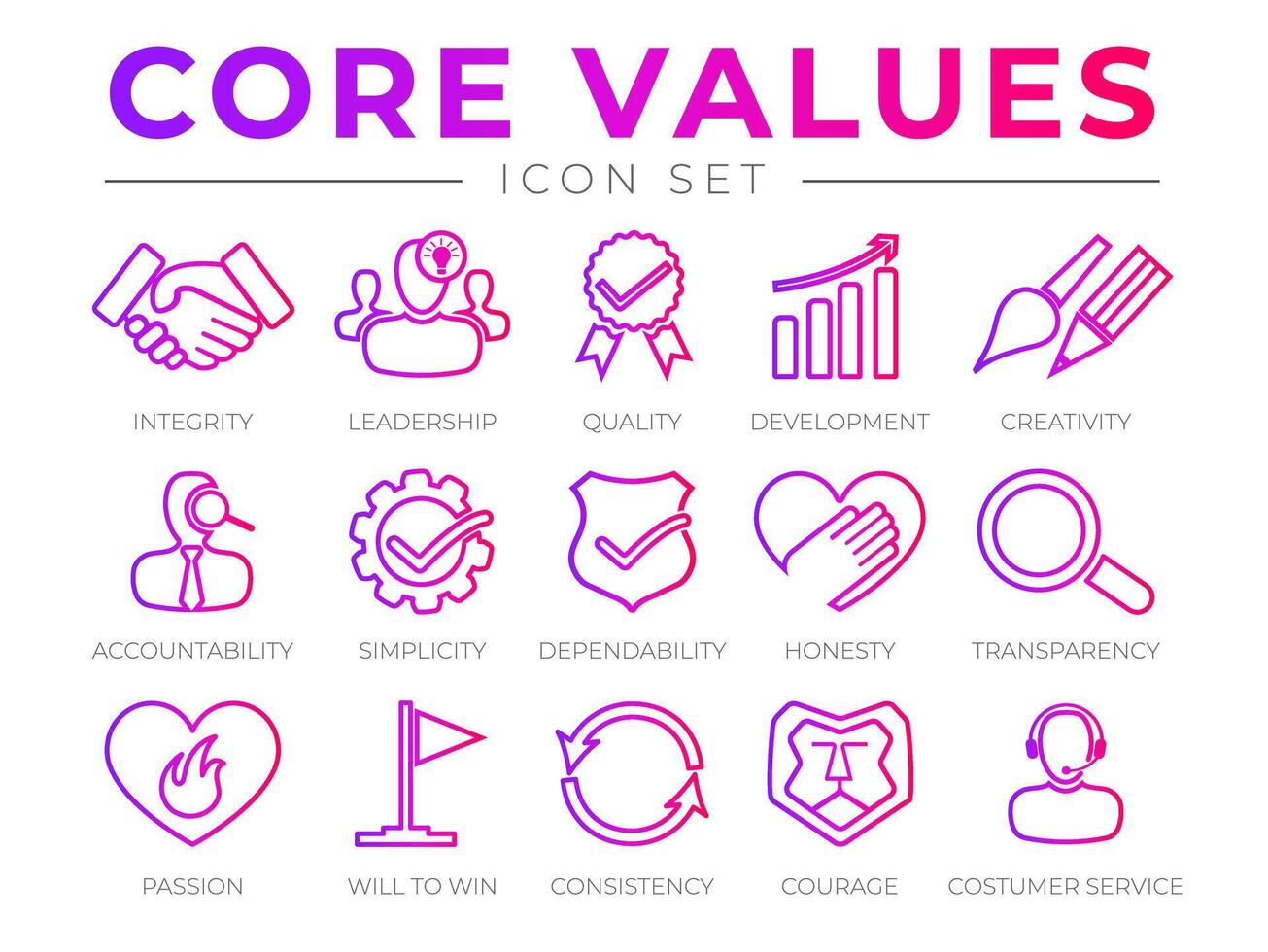 Company Core Values Outline Icon Set in Bright Gradient Red Purple Color vector