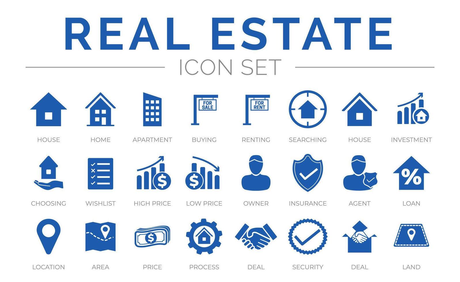 Real Estate Icon Set of Home, House, Apartment, Buying, Renting, Searching, Investment, Choosing, Wishlist, Low High Price, Owner, Insurance, Agent, Loan, Location, Area, Price, Process, Icons. vector