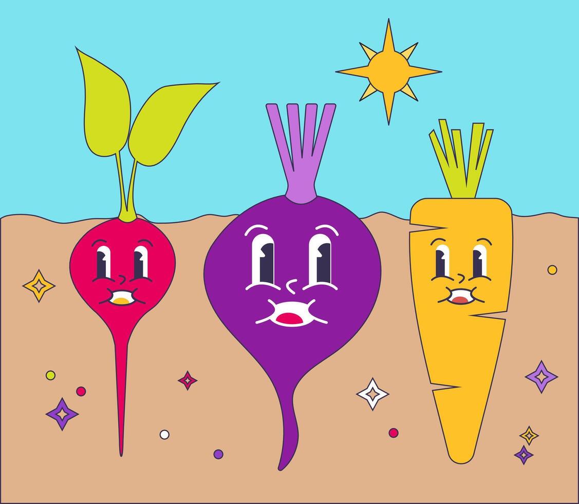 Groovy Cute Vegetable Set of Radish, Beetroot, Carrot Characters In the Soil Garden vector