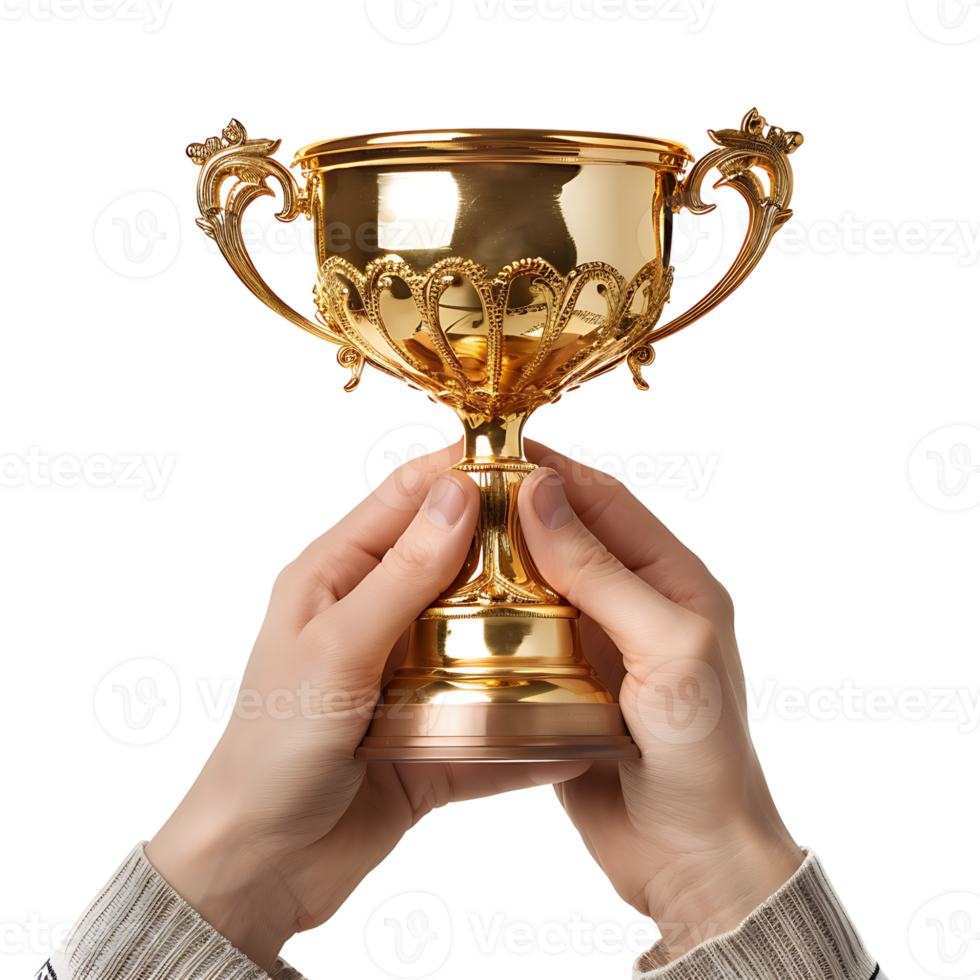 hands giving gold trophy on isolated transparent background png
