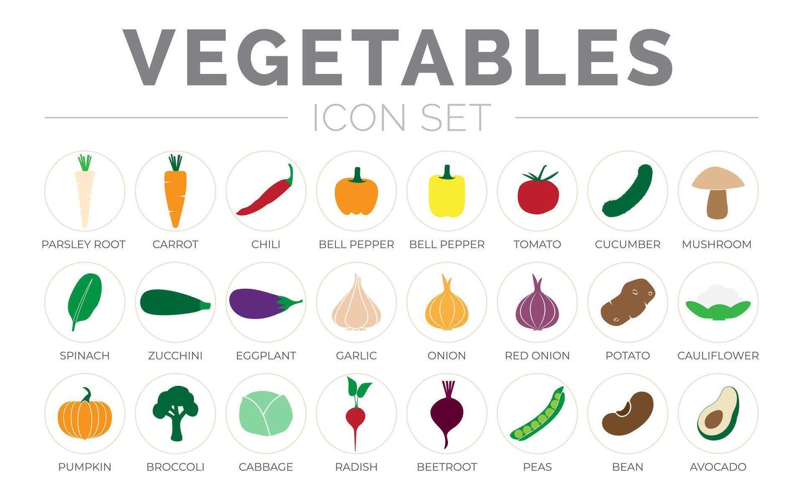 Vegetables Round Icon Set of Parsey Root, Carrot, Chilli, Paprika, Pepper, Tomato, Cucumber, Mushroom, Spinach, Zucchini, Garlic, Onion, Tomato, Pumpkin, Radish, Beetroot, Peas, Bean, Icons. vector