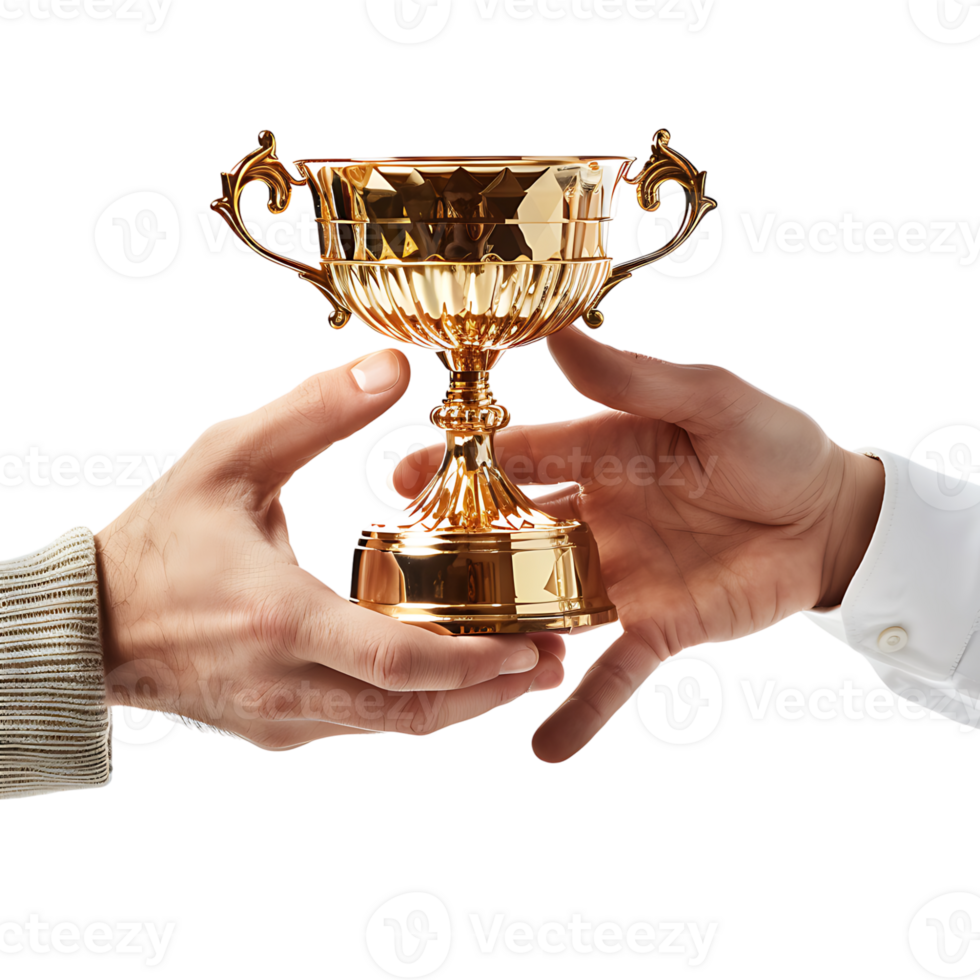 hands giving gold trophy on isolated transparent background png