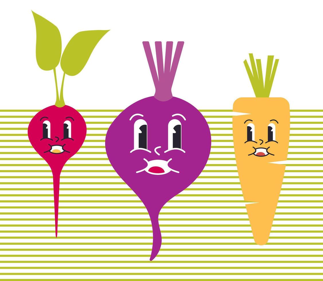 Groovy Cute Vegetable Set of Radish, Beetroot, Carrot Characters Isolated vector