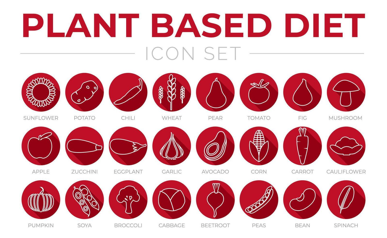 plano contorno planta establecido dieta redondo rojo icono conjunto de girasol, papa, chile, trigo, pera, tomate, higo, champiñón, manzana, calabacín, berenjena, ajo, palta, raíz de remolacha, guisantes, frijol, Espinacas íconos vector