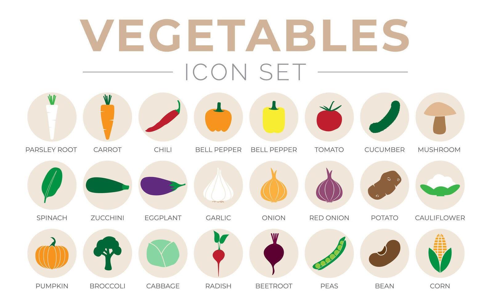 Vegetables Round Icon Set of Parsey Root, Eggplant, Garlic, Onion, Potato, Tomato, Cauliflower, Pumpkin, Broccoli, Cabbage, Radish, Beetroot, Peas, Bean, Corn Icons. vector