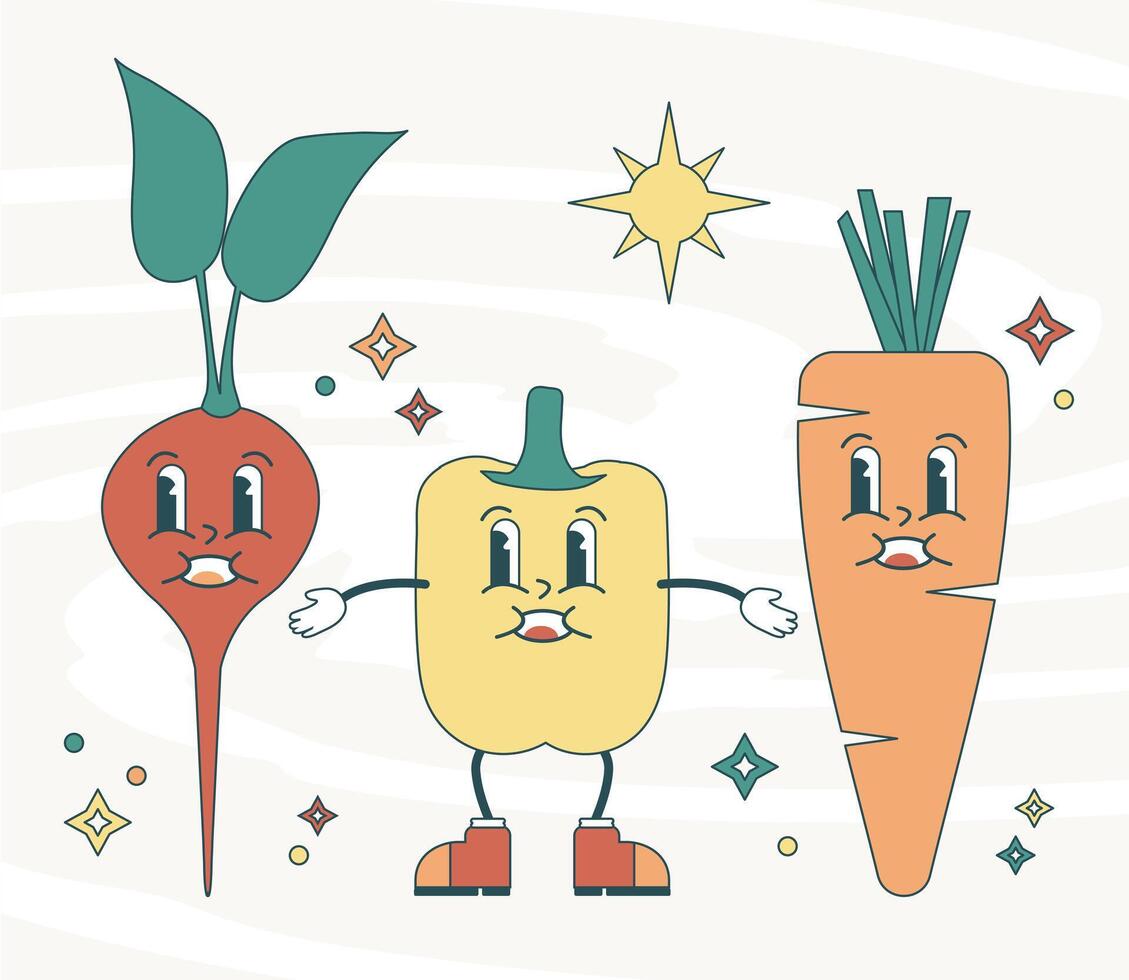 Groovy Cute Illustration of Tomato and Avocado Characters vector