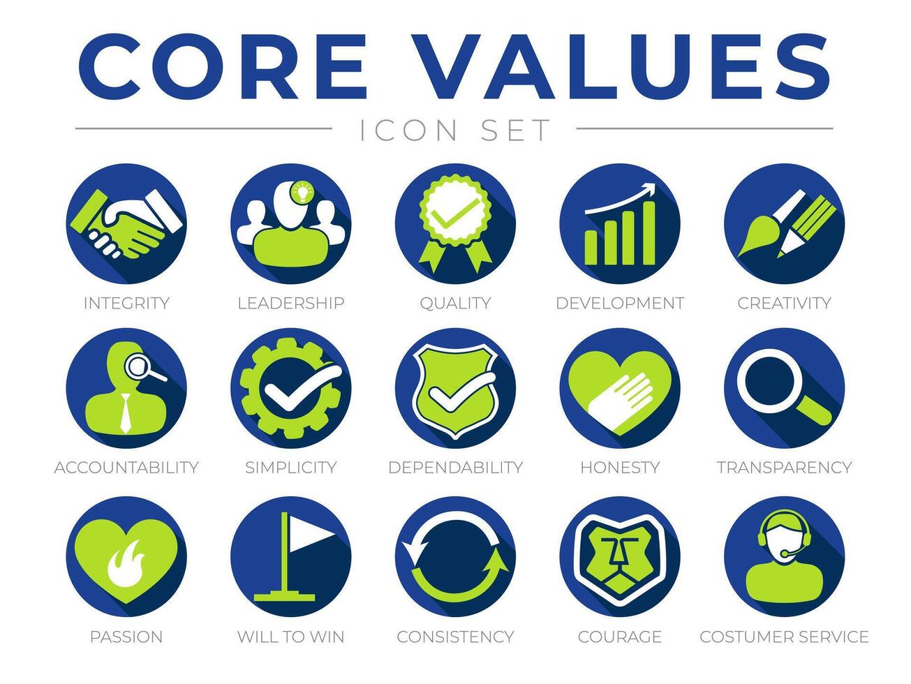 Green Blue Company Core Values Round Web Icon Set. Integrity, Leadership, Quality, Creativity, Accountability, Simplicity, Dependability, Transparency, Passion, Courage and Customer Service Icons. vector