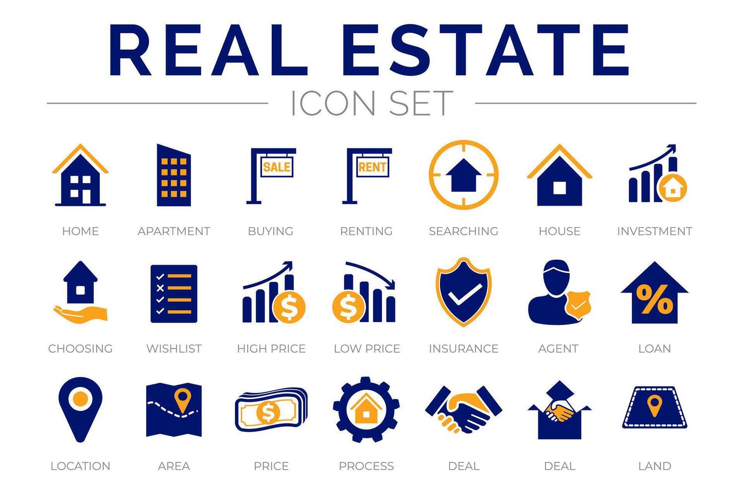 Blue Orange Real Estate Icon Set of Home, House, Apartment, Buying, Renting, Searching, Investment, Choosing, Wishlist, Low High Price, Owner, Insurance, Agent, Loan, Location, Area, Security, Icons. vector