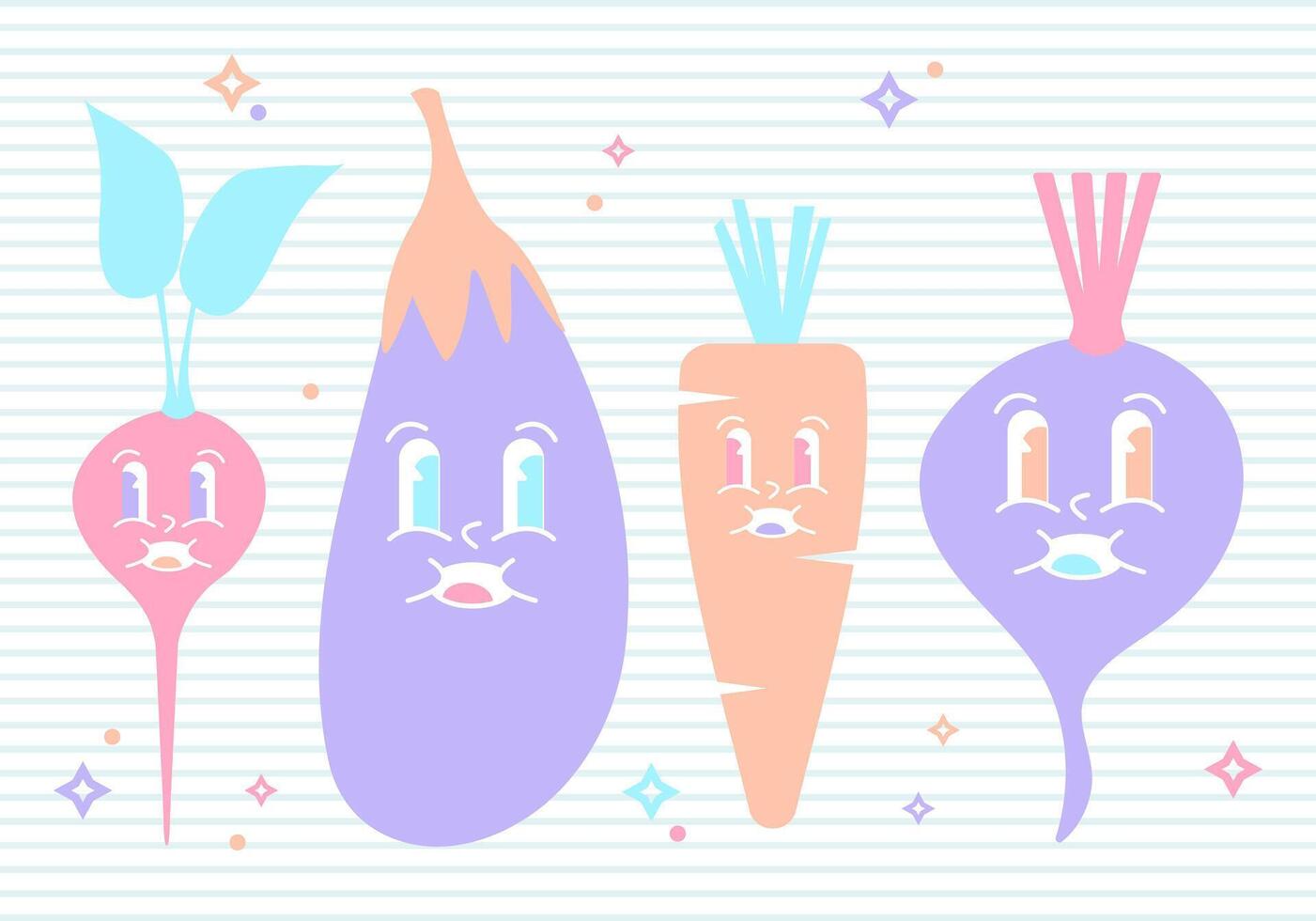 Groovy Cute Vegetable Set of Radish, Beetroot, Eggplant and Carrot Characters on Notebook Background vector