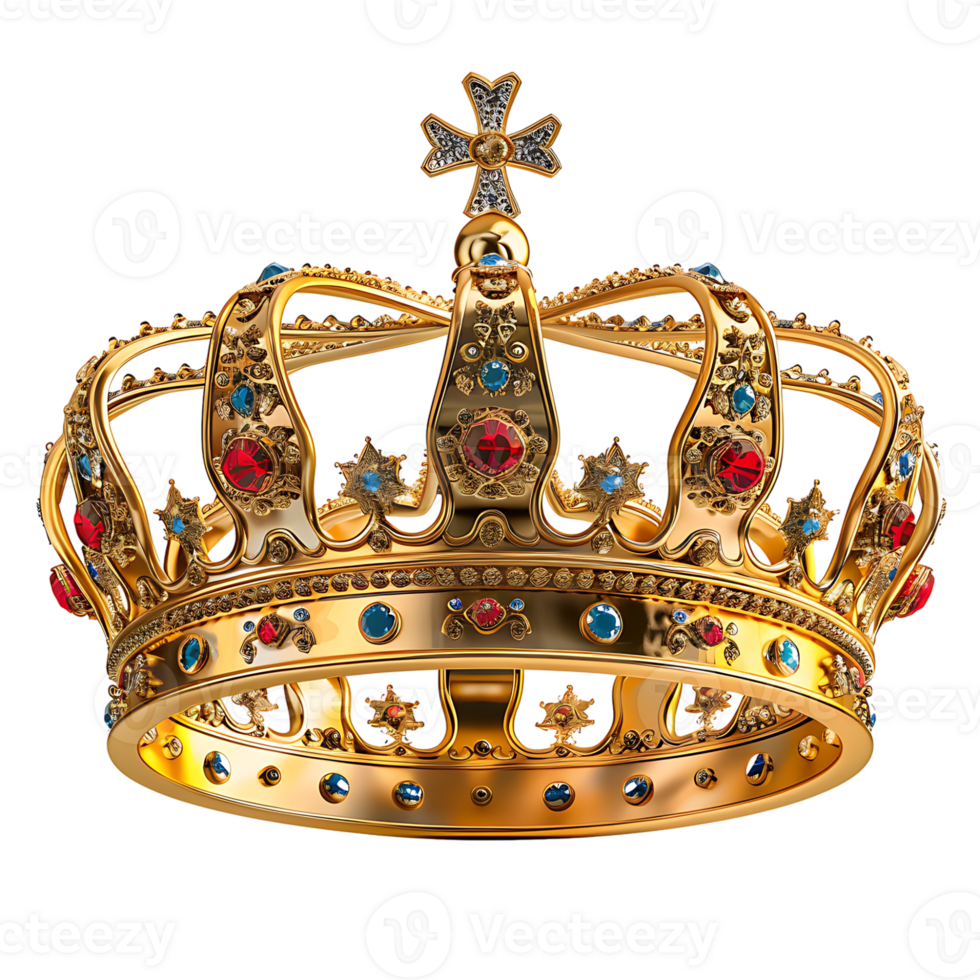 Golden king crown with gem on isolated transparent background png