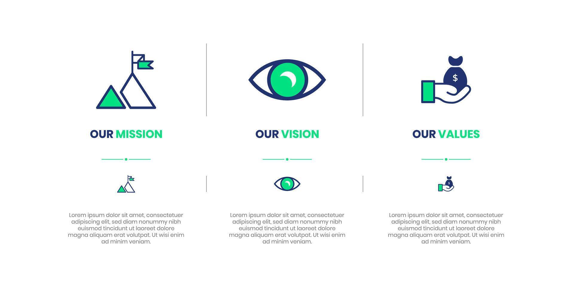Mission, Vision and Values of company with text. Company infographic Banner template. Modern flat icon design. Abstract icon. Purpose business concept. Mission symbol illustration. vector