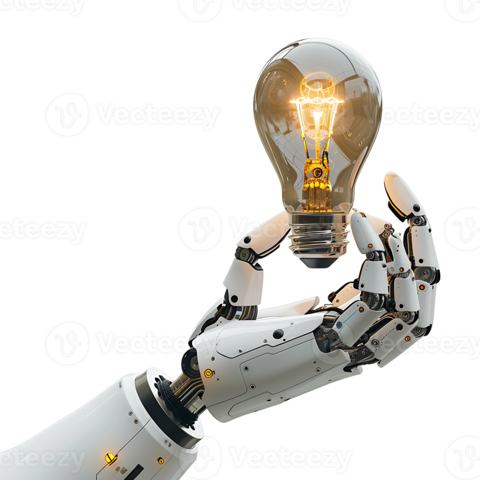 Ai robot hand holding lightbulb on isolated transparent background png