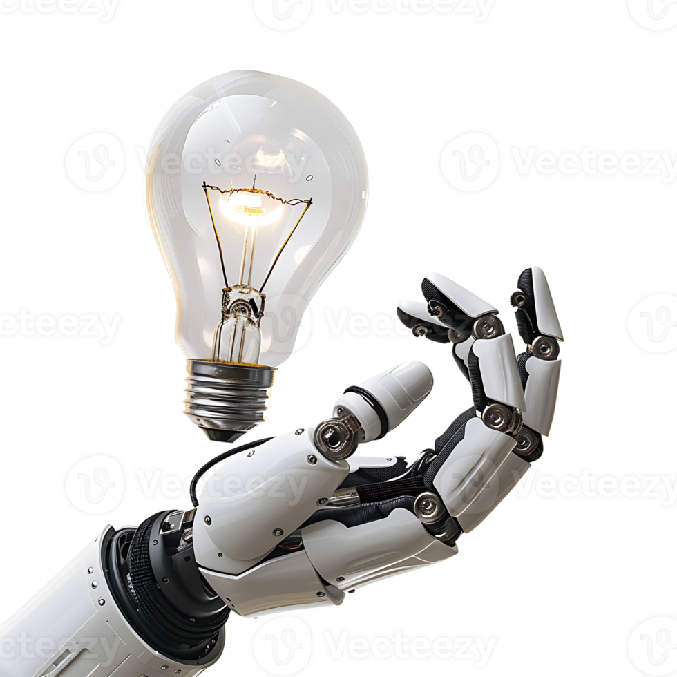 Ai robot hand holding lightbulb on isolated transparent background png