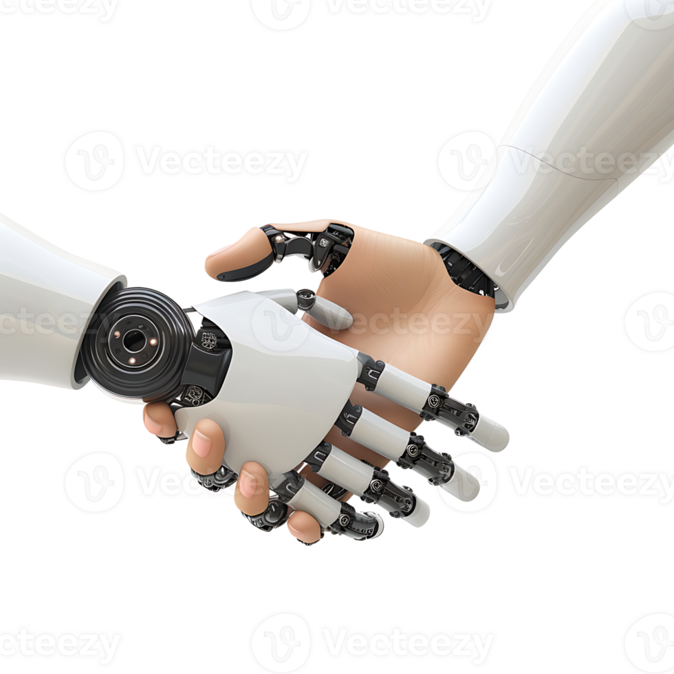 Ai robot hand handshake with human hand on isolated transparent background png