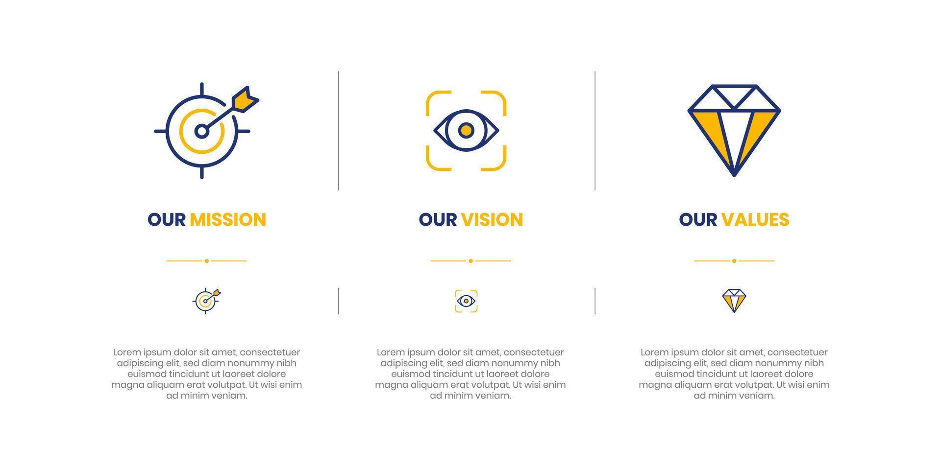 Mission, Vision and Values of company with text. Company infographic Banner template. Modern flat icon design. Abstract icon. Purpose business concept. Mission symbol illustration. vector