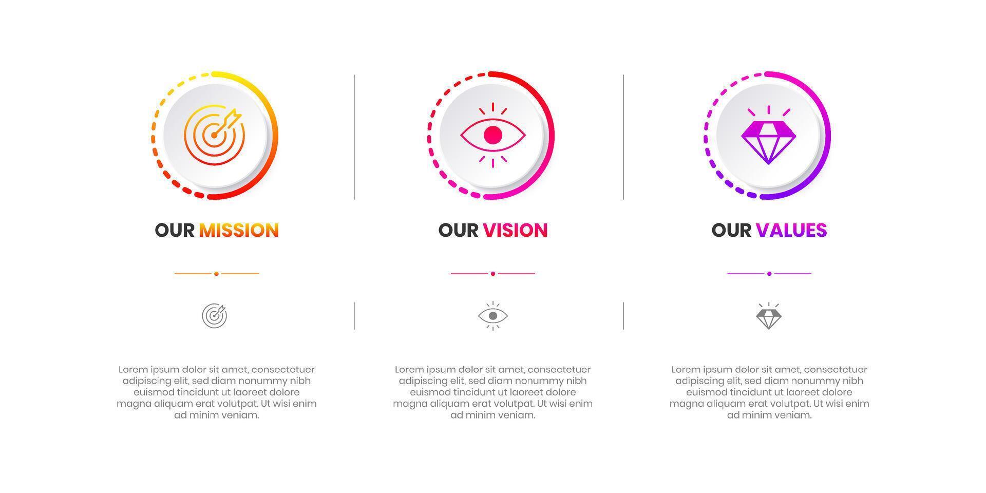 Mission, Vision and Values of company with text. Company infographic Banner template. Modern flat icon design. Abstract icon. Purpose business concept. Mission symbol illustration. vector