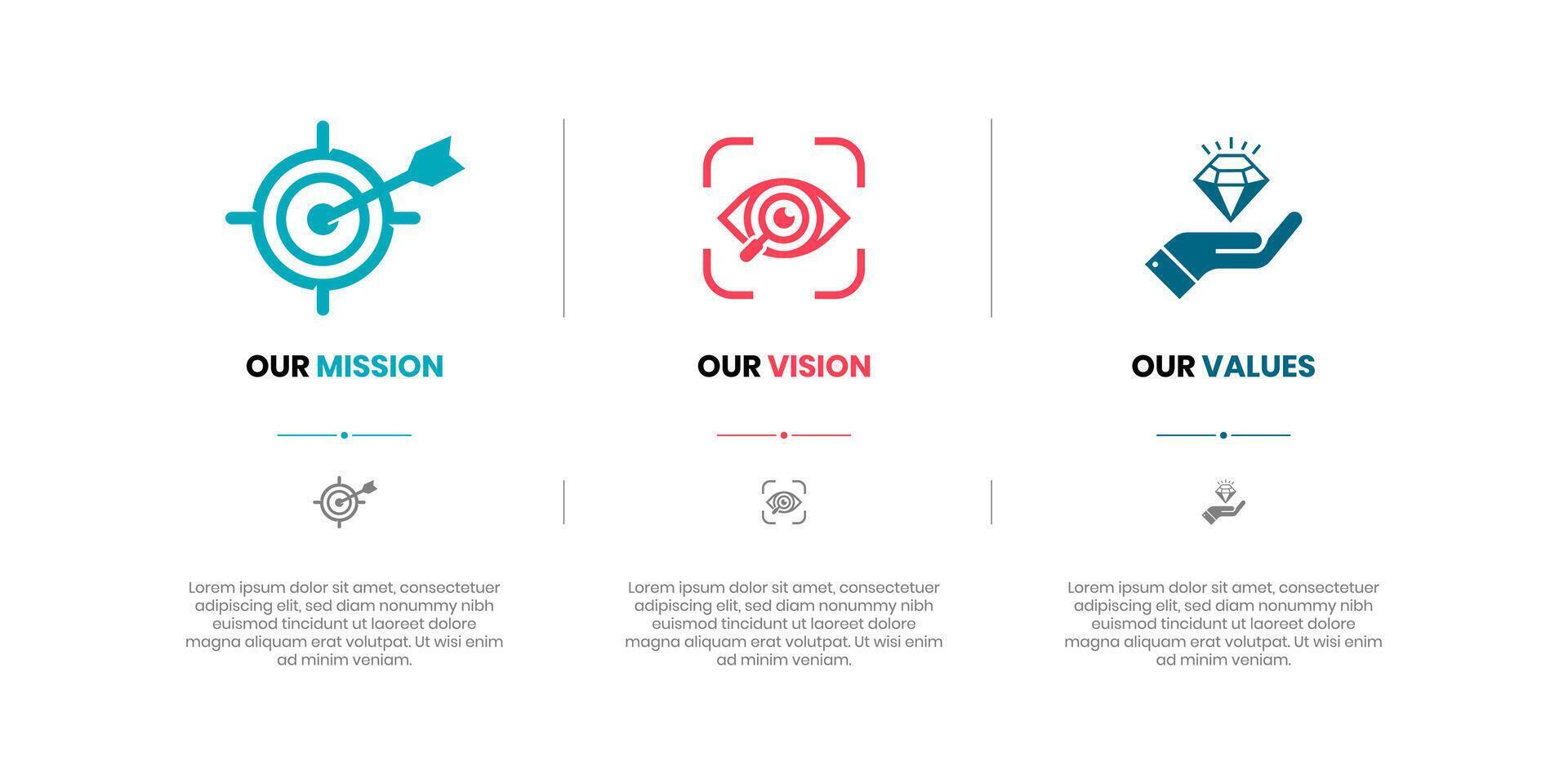 Mission, Vision and Values of company with text. Company infographic Banner template. Modern flat icon design. Abstract icon. Purpose business concept. Mission symbol illustration. vector