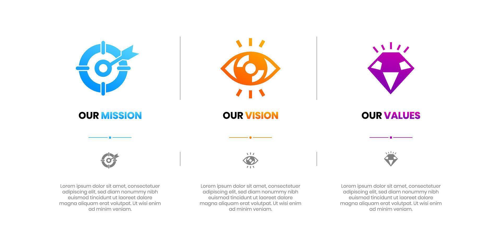 Mission, Vision and Values of company with text. Company infographic Banner template. Modern flat icon design. Abstract icon. Purpose business concept. Mission symbol illustration. vector