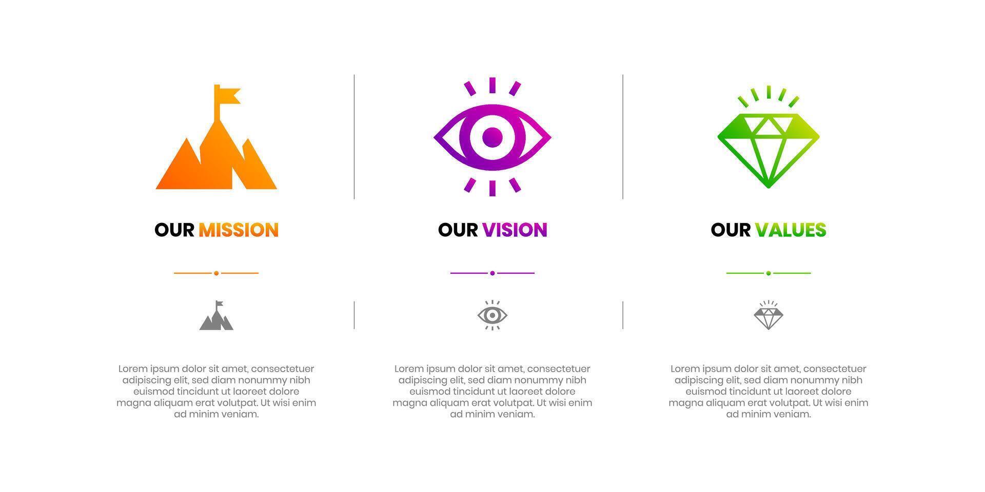 Mission, Vision and Values of company with text. Company infographic Banner template. Modern flat icon design. Abstract icon. Purpose business concept. Mission symbol illustration. vector