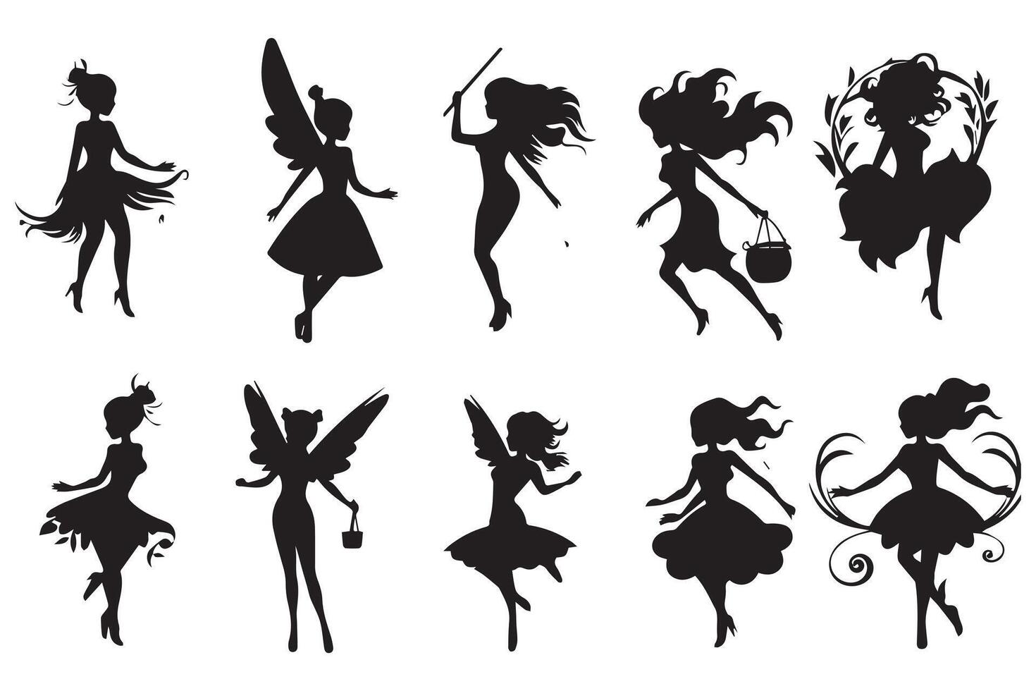 Set of silhouettes Magical fairies in the cartoon style free design vector