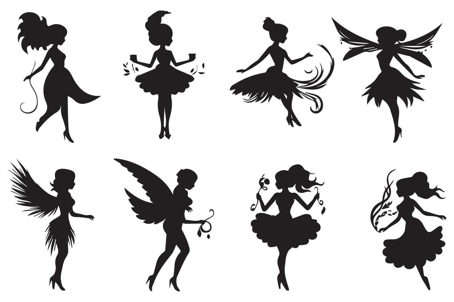 Set of silhouettes of fairies isolated on white background. Magical fairies in the cartoon style free design vector