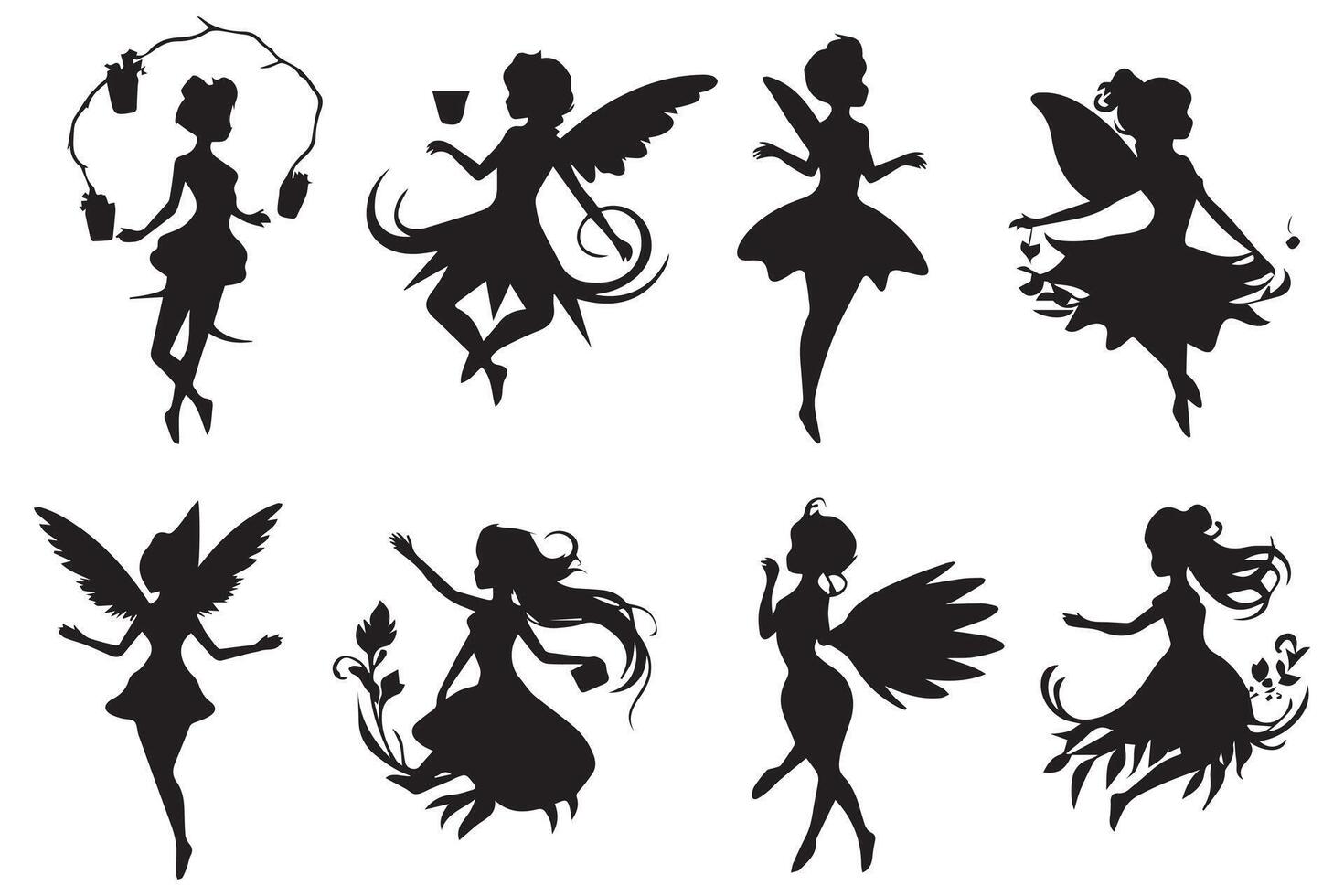 Set of silhouettes of fairies isolated on white background. Magical fairies in the cartoon style free design vector